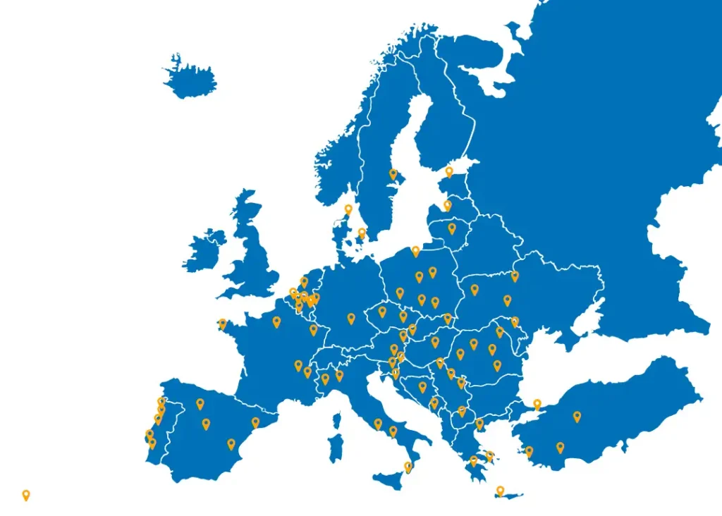 Mapa z zaznaczonymi lokalnymi grupami BEST-u